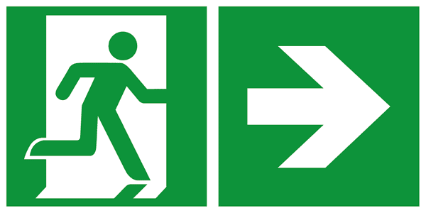 Pictogrammes d'évacuation : pictogramme de sortie de secours et flèche.